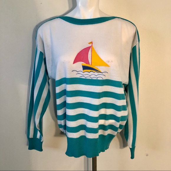 Vintage 80s Striped Nautical Sweater With Appliqué Sail Boat Size Large - Picture 2 of 6
